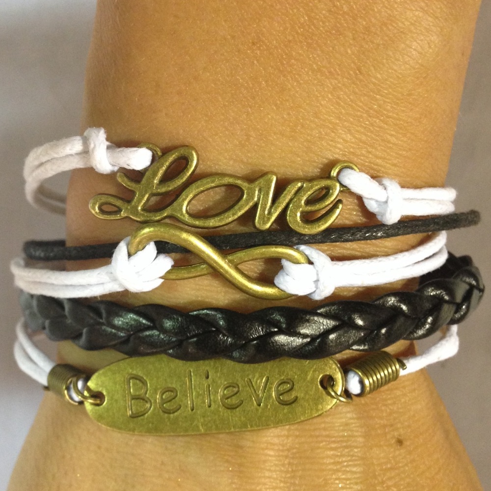 Multi strand bracelet Love Believe Infinity leather strap clasp closure